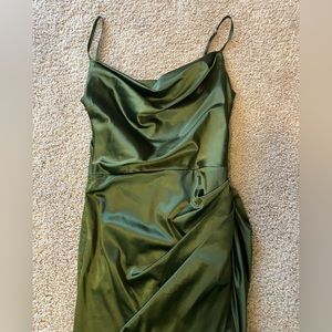 Satin Cowl Neck Midi Dress in Olive Green
